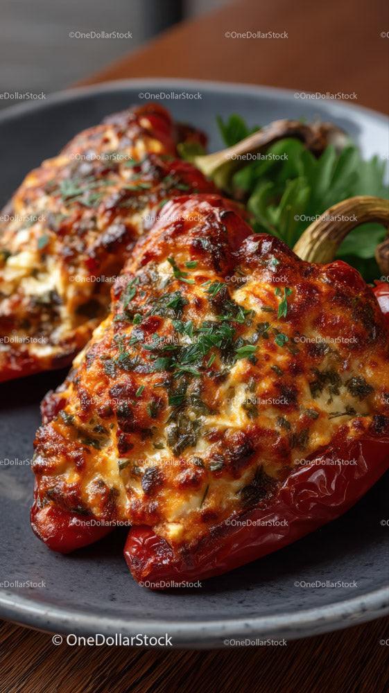 Cheesy Baked Stuffed Red Bell Peppers with Herbs
