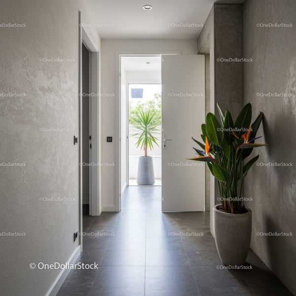 Modern Minimalist Hallway with Indoor Plants and Natural Light