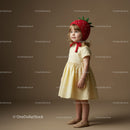 Toddler girl wearing strawberry hat and yellow dress