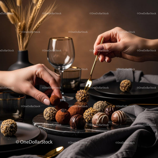 Gourmet Chocolate Truffles and Assorted Sweets on Elegant Black Plate