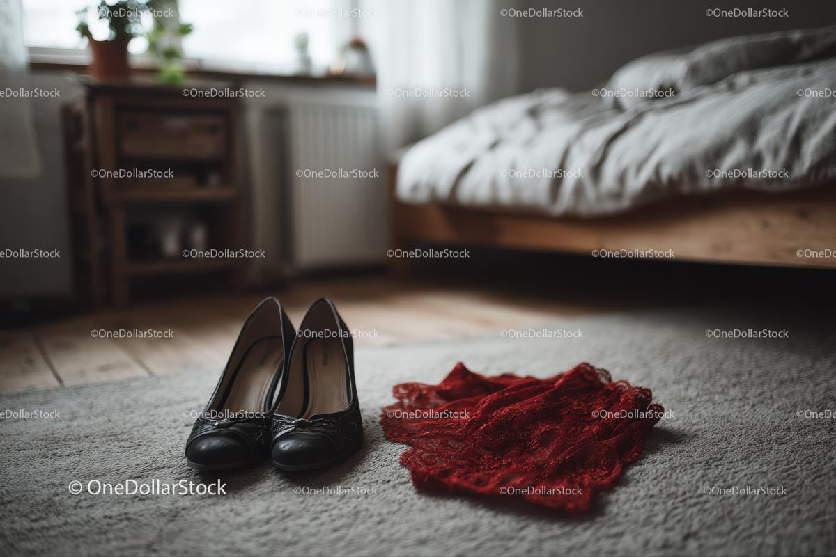 Chic Black Heels and a Red Lace Dress in a Cozy Bedroom Setting (63 Images)