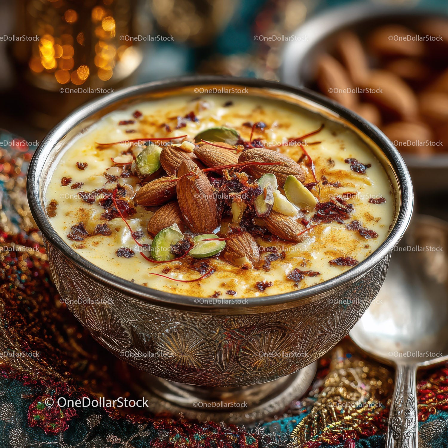 Luxurious Saffron and Nut Garnished Indian Dessert in Silver Bowl