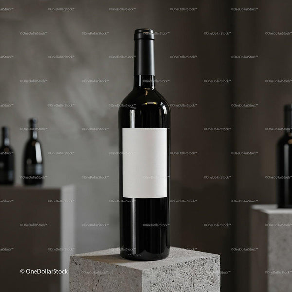 Elegant wine bottle with blank label on stone pedestal JPG Mockup Image