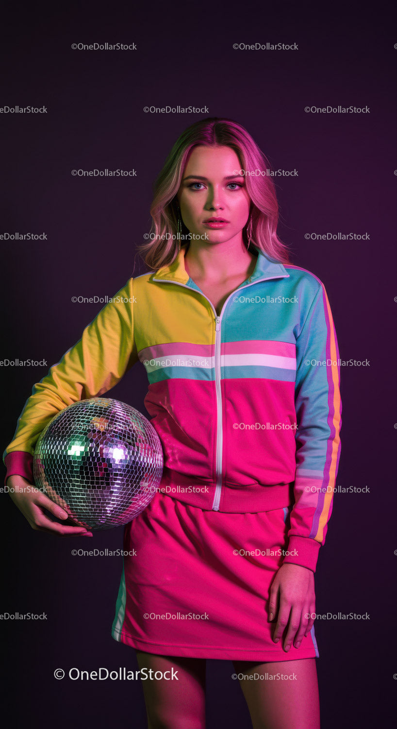 Colorful Fashionable Woman with Disco Ball in Neon Lights