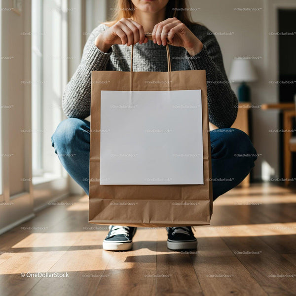 Casual woman holding blank shopping bag indoors JPG Mockup Image