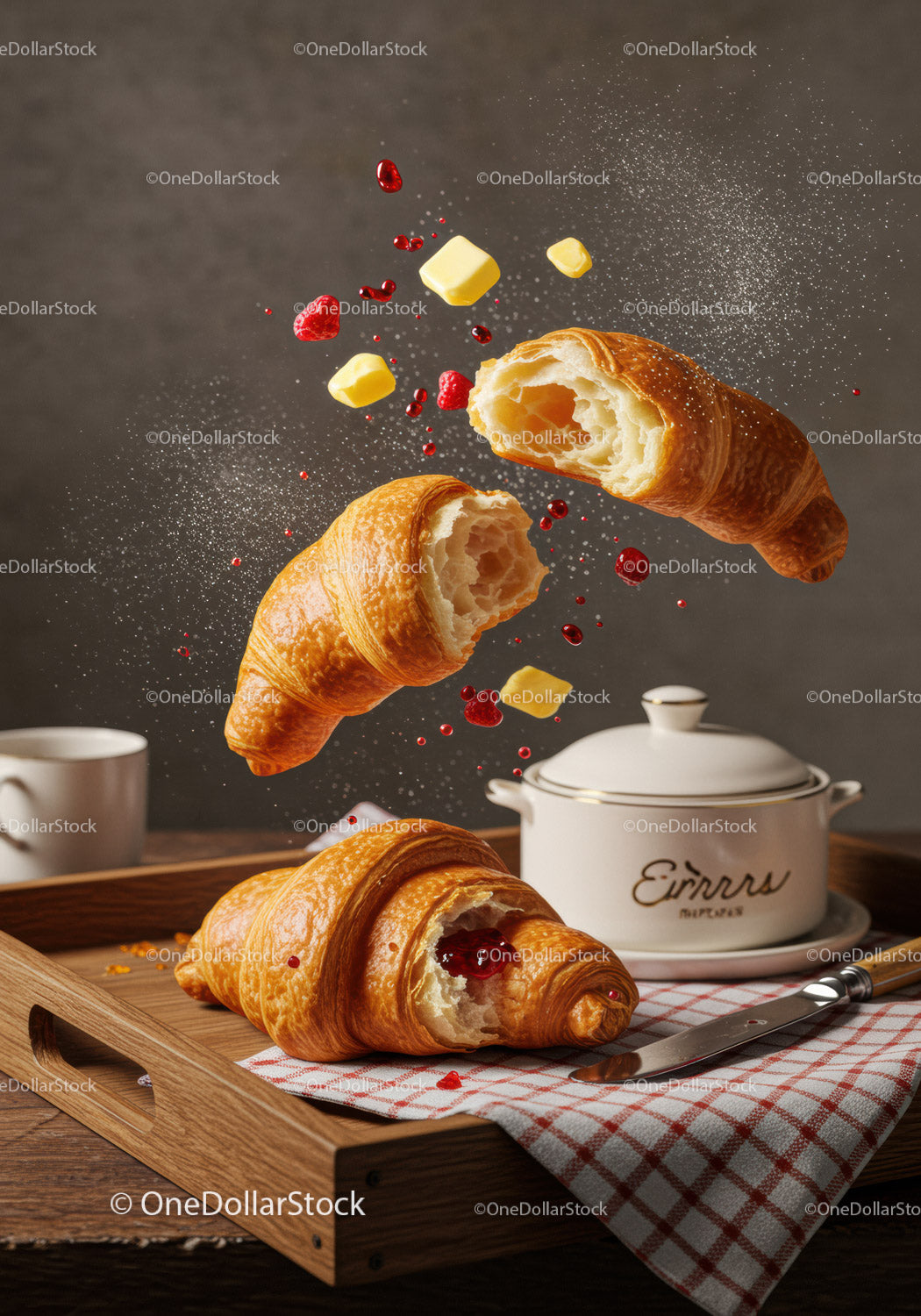 Fresh croissants with butter and raspberry jam splash