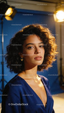 Confident woman with curly hair in warm studio light