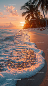 Sunset over Tropical Beach with Palm Trees and Ocean Waves