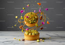 Artistic pistachio tarts with caramel and petals