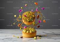 Artistic pistachio tarts with caramel and petals