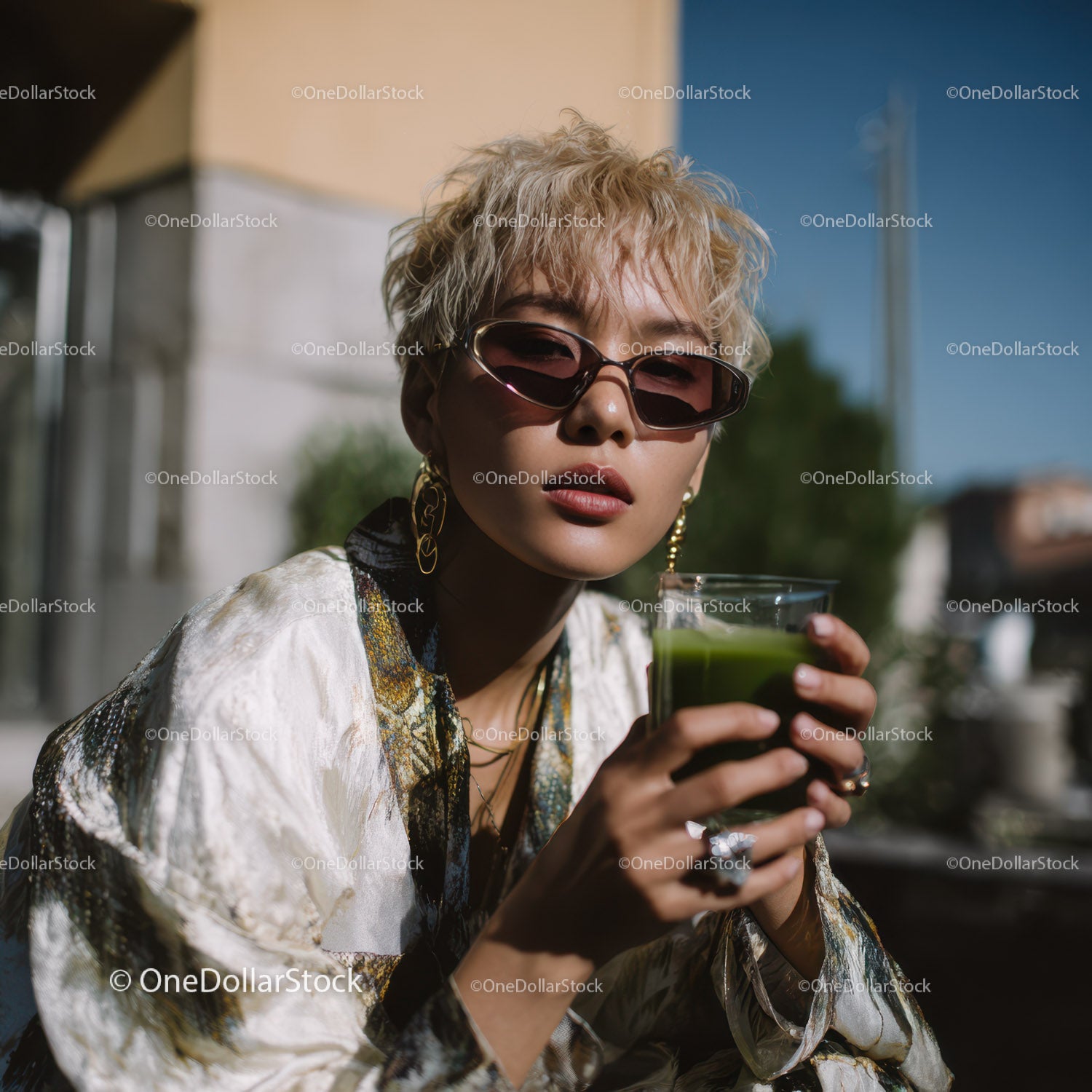 Young Woman with Blonde Curly Hair Wearing Fashionable Sunglasses Holding Green Juice