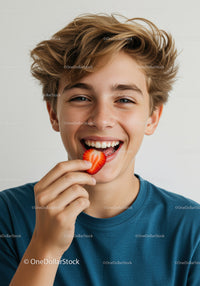 Smiling Teen Eating a Strawberry in Bright Casual Lifestyle Shot