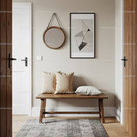 Stylish Cozy Entryway with Wooden Bench and Abstract Wall Art