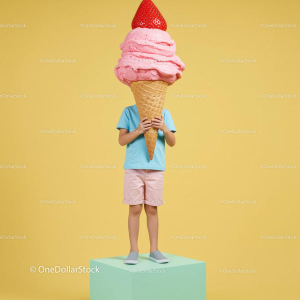 Child Holding Giant Strawberry Ice Cream Cone