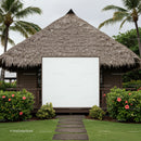 Tropical bungalow with blank white sign surrounded by greenery