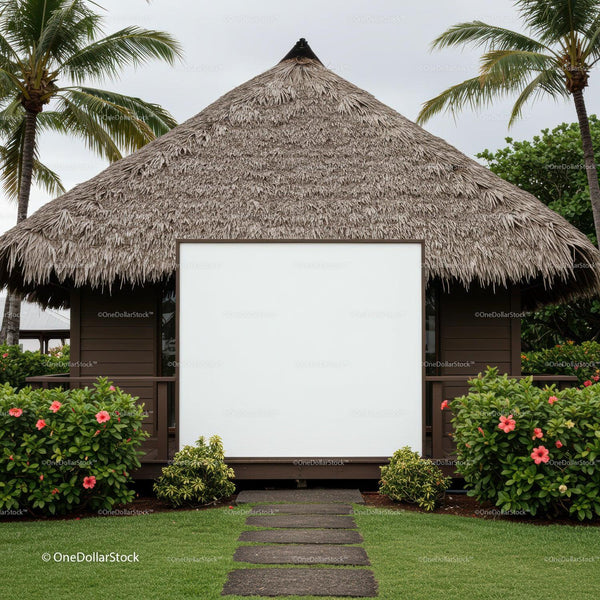 Tropical bungalow with blank white sign surrounded by greenery JPG Mockup Image
