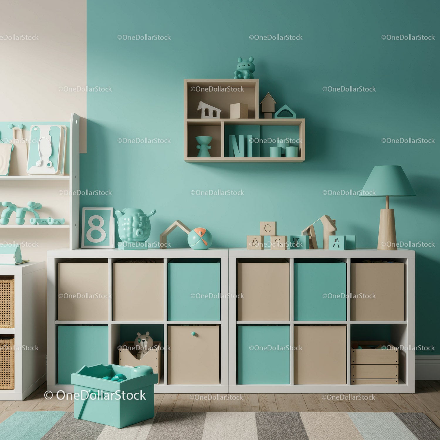Children's Toy Storage with Cubes and Wall Shelves in Nursery