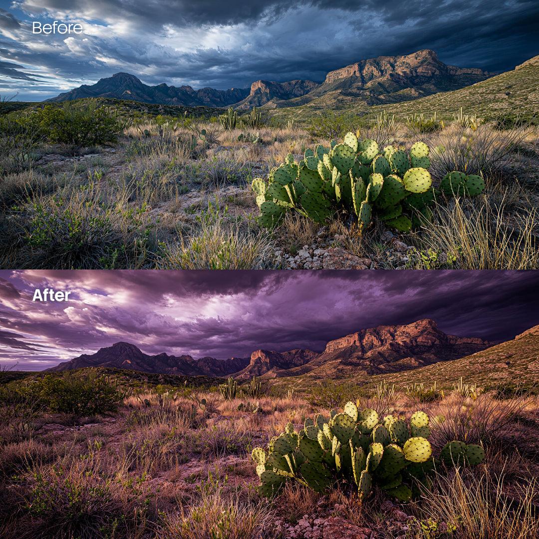 Before and after Dark Namib Lightroom preset edit