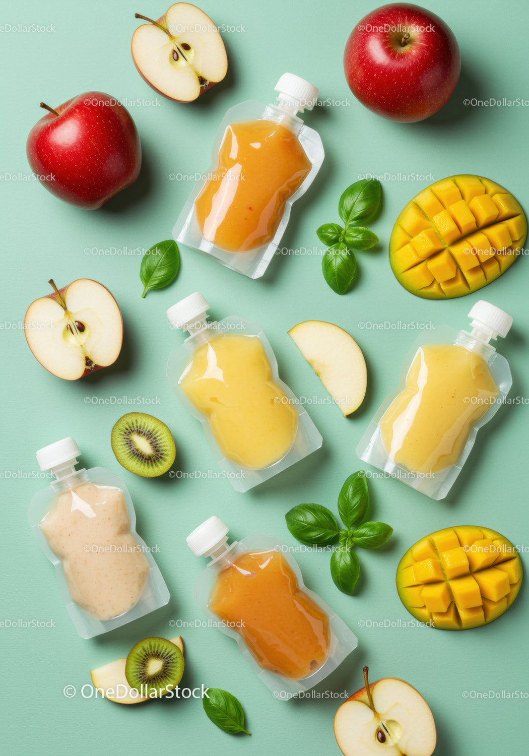 Assorted Fruit Purees and Fresh Fruit Slices on Blue Background