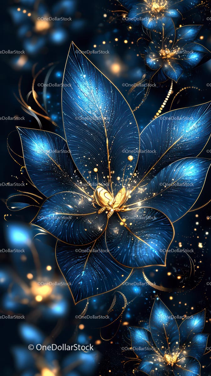 Elegant Blue Flower with Gold Accents and Sparkling Details