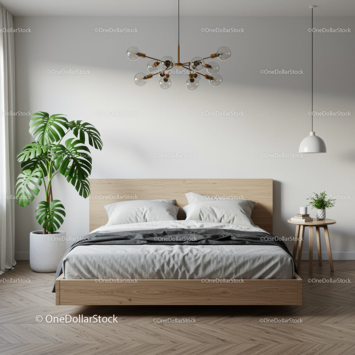 Nowoczesna minimalistyczna sypialnia z drewnianą ramą łóżka i zieloną rośliną Monstera
