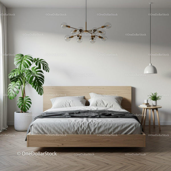 Modern Minimalist Bedroom with Wooden Bed Frame and Green Monstera Plant