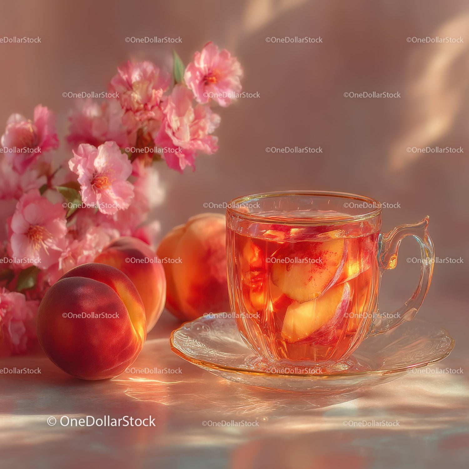 Peach Fruit Slices in a Glass Tea Cup with Pink Cherry Blossoms
