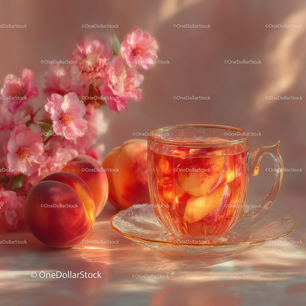 Peach Fruit Slices in a Glass Tea Cup with Pink Cherry Blossoms