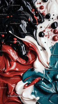 Abstract Liquid Paint Swirls in Red White Black and Blue
