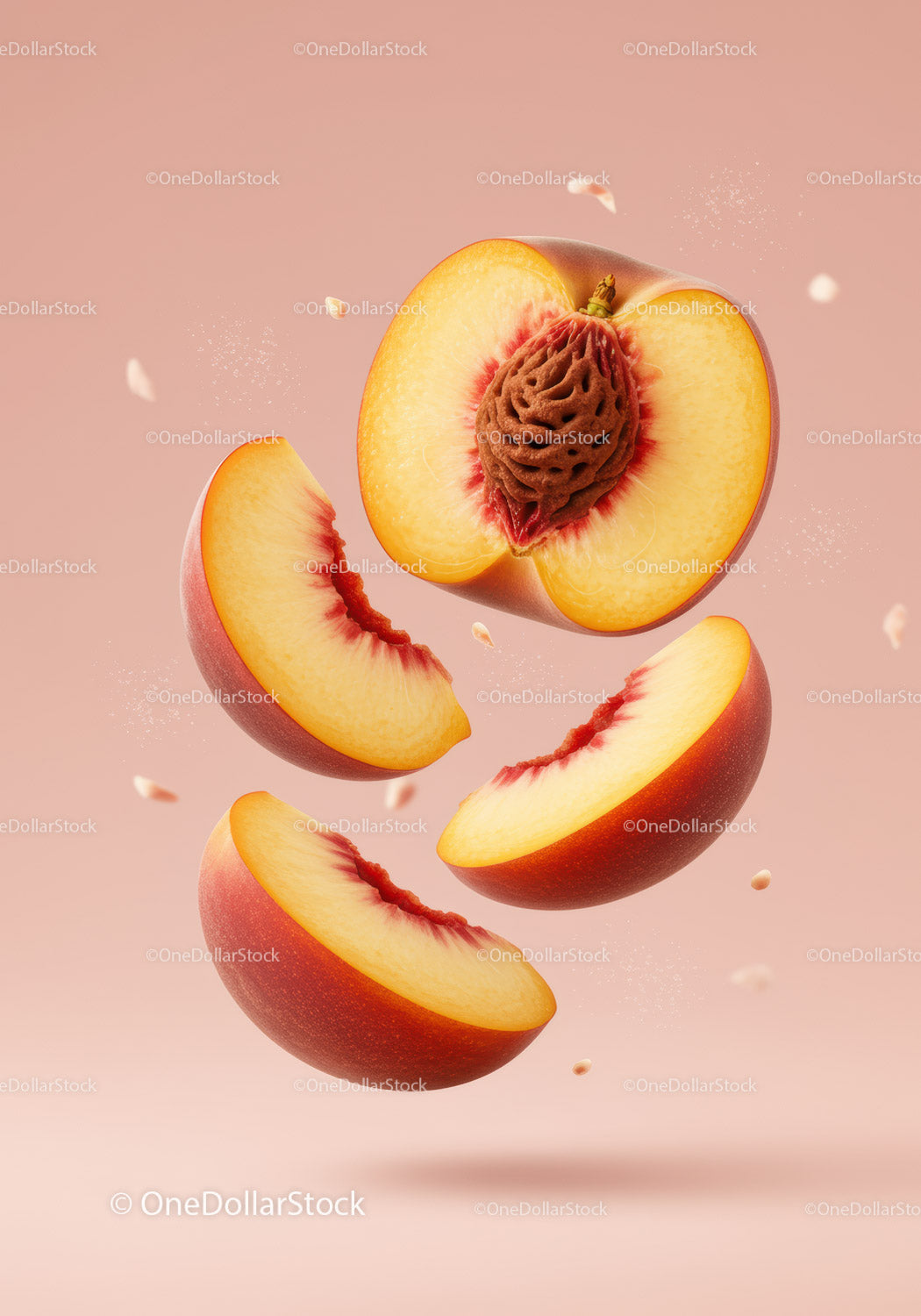Fresh ripened peach with floating sliced segments