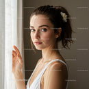 Young Woman with Light Hair in White Dress Peaceful Indoor Portrait