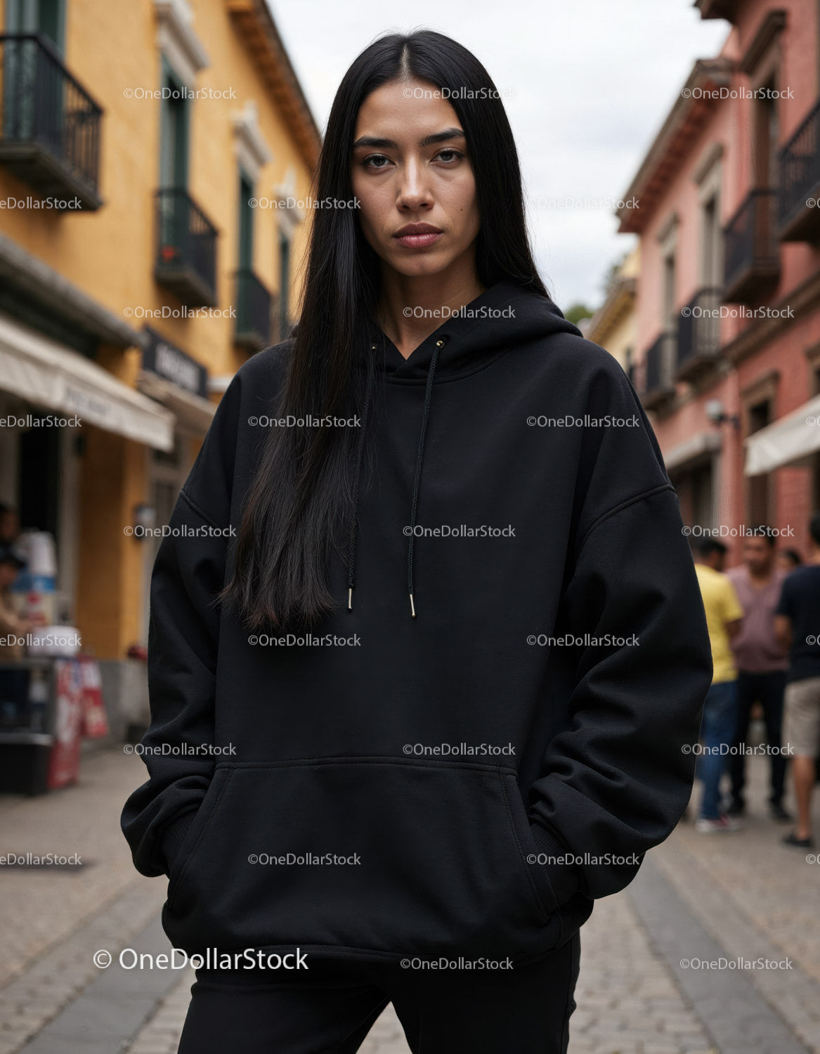 Fashionable Woman Wearing Black Hoodie in Urban City Street