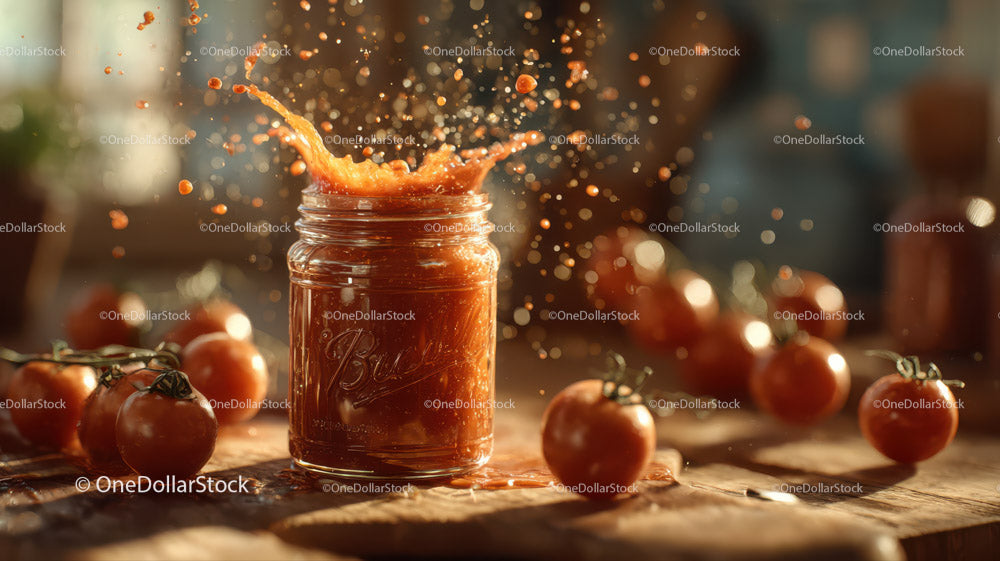 Cherry Tomato Preserve in Glass Jar with Fresh Tomatoes on Rustic Table