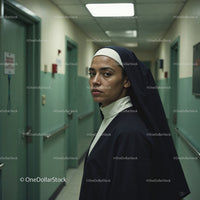Confident Nurse in Hospital Corridor With Serious Expression