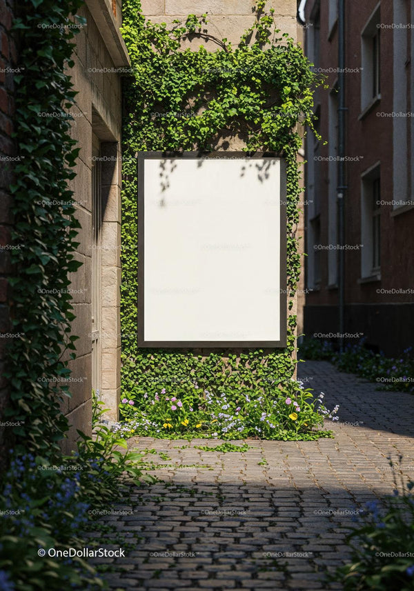 Blank poster surrounded by green ivy and flowers in alley JPG Mockup Image