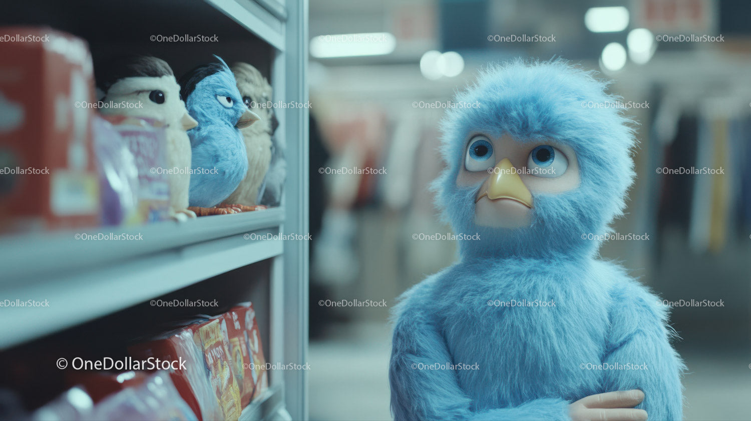 Blue Fluffy Bird Plush Toy on Retail Store Shelf for Collectors
