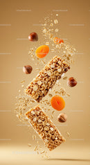 Crunchy granola bars with nuts and dried apricots in motion