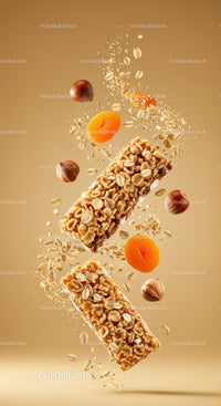 Crunchy granola bars with nuts and dried apricots in motion