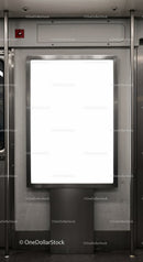 Blank illuminated advertising board inside subway train