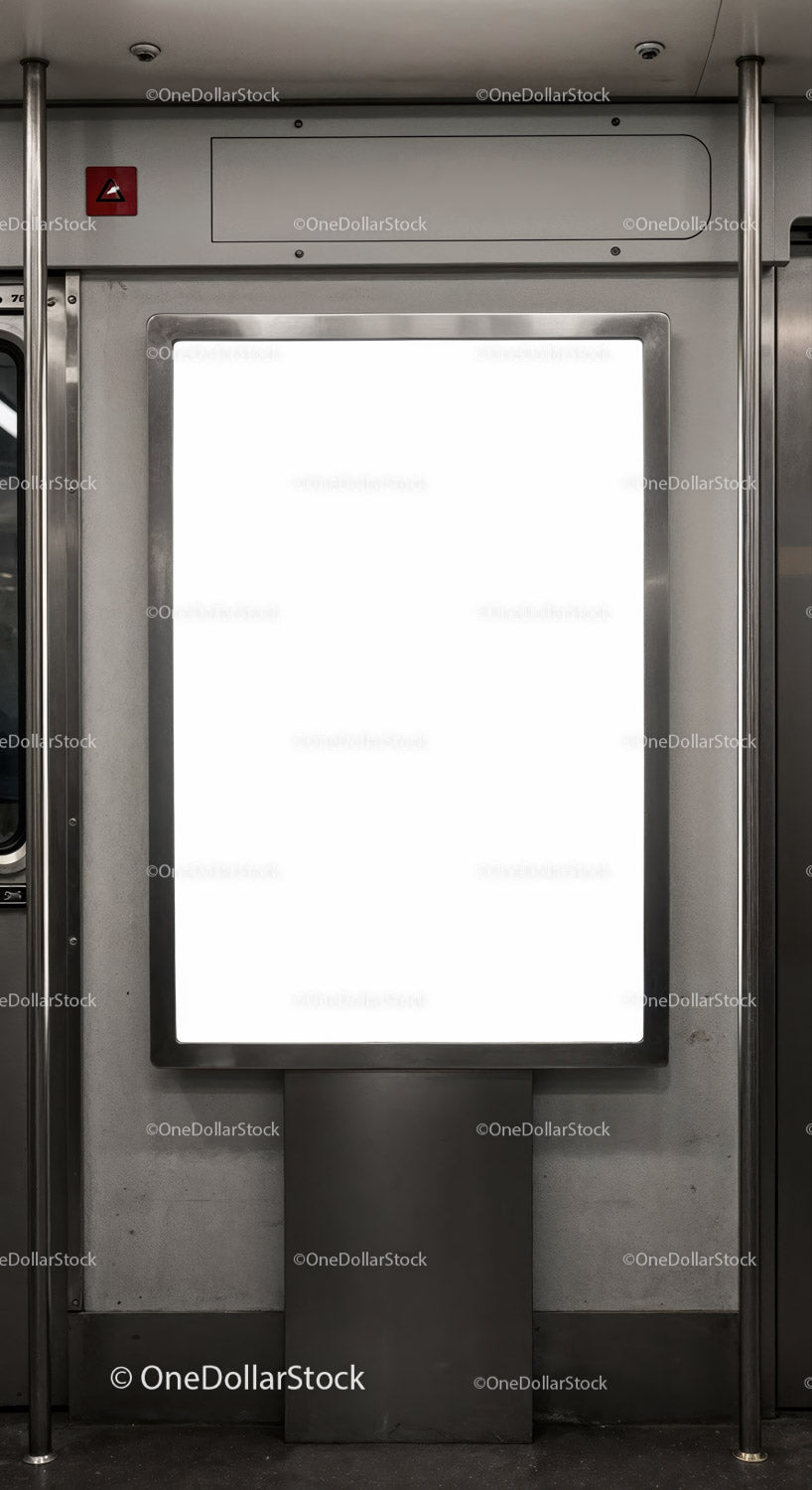 Blank illuminated advertising board inside subway train