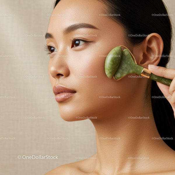 Elegant Asian Woman Performing Facial Massage with Jade Roller