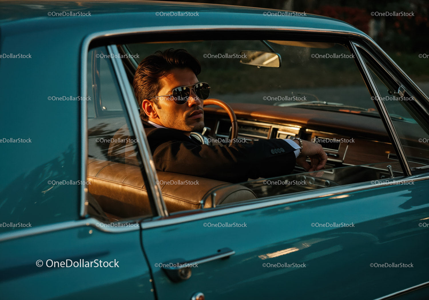 Stylish Man in Sunglasses Sitting in Classic Vintage Car at Sunset