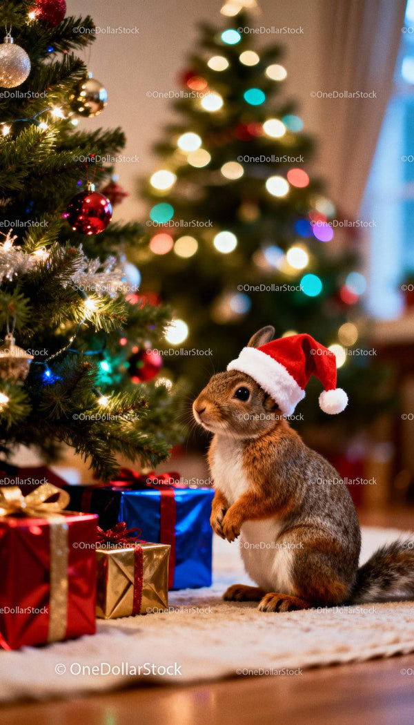 Squirrel Wearing Santa Hat Near Christmas Tree Gifts