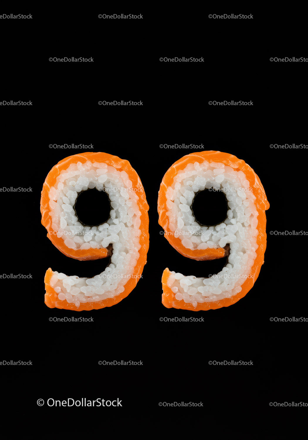 Number 99 Made from Sushi Rolls on Black Background