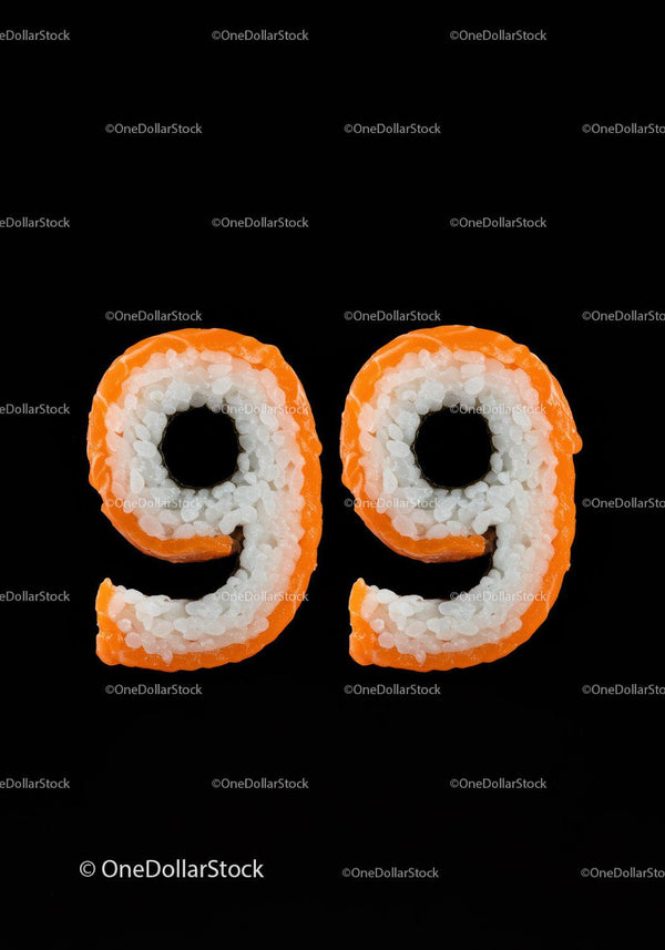 Number 99 Made from Sushi Rolls on Black Background