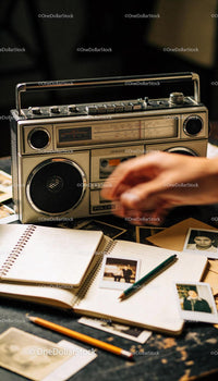 Vintage radio with nostalgic photo album and pencil