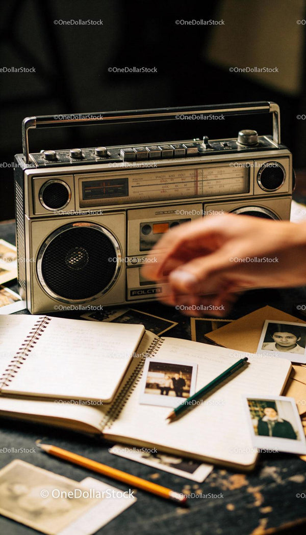 Wintage radio z nostalgicznym albumem ze zdjęciami i ołówkiem