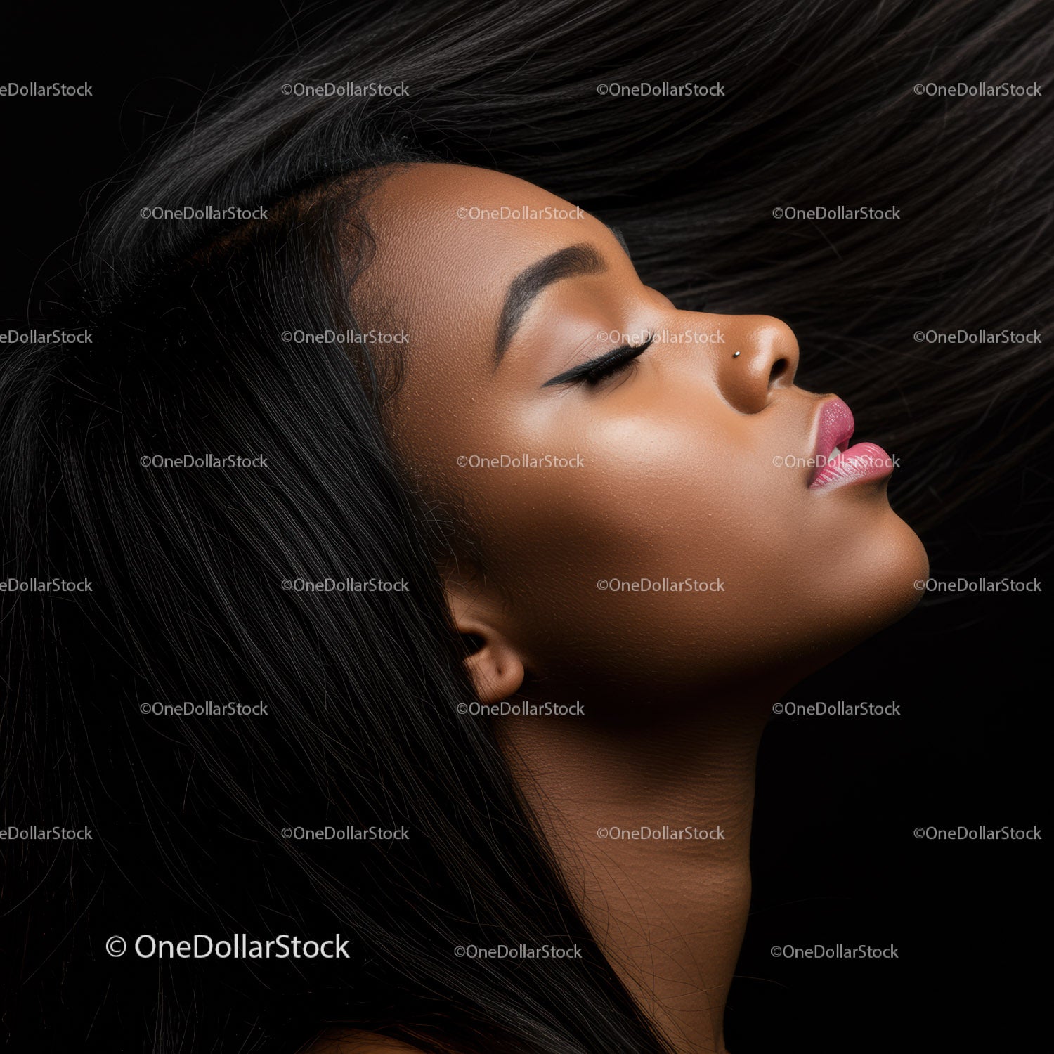 Serene side profile of woman with flowing black hair