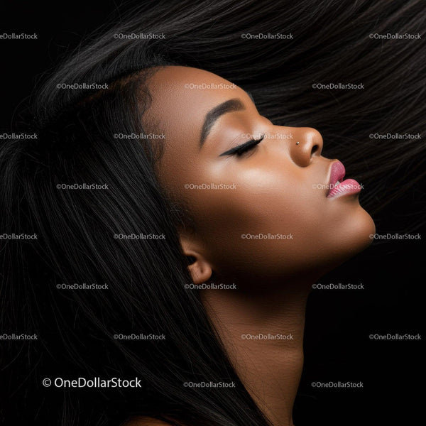 Serene side profile of woman with flowing black hair