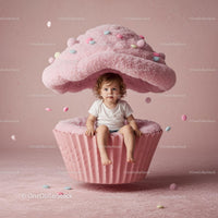 Toddler Sitting Inside Giant Pink Cupcake with Sprinkles